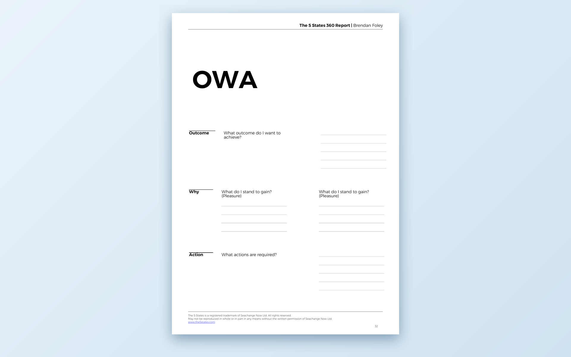 OWA coaching model worksheet: Outcome, Why, Action
