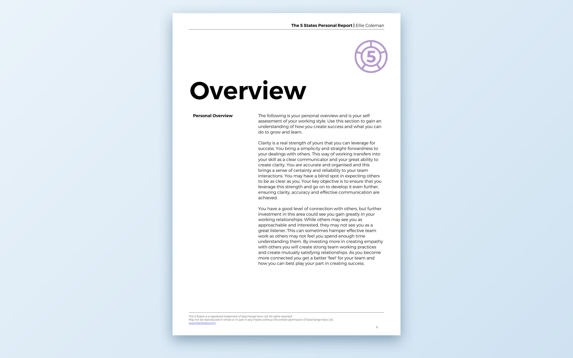 Personal overview narrative page
