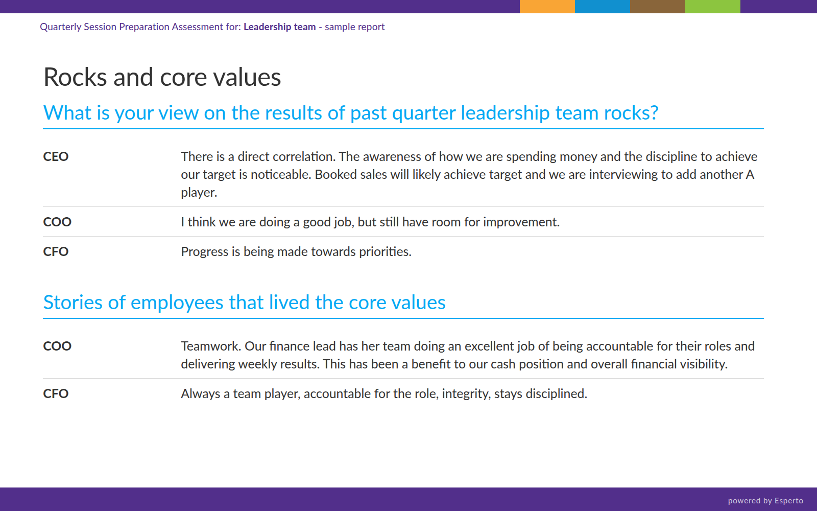 Report page: views on last quarter's rocks and stories of lived core values