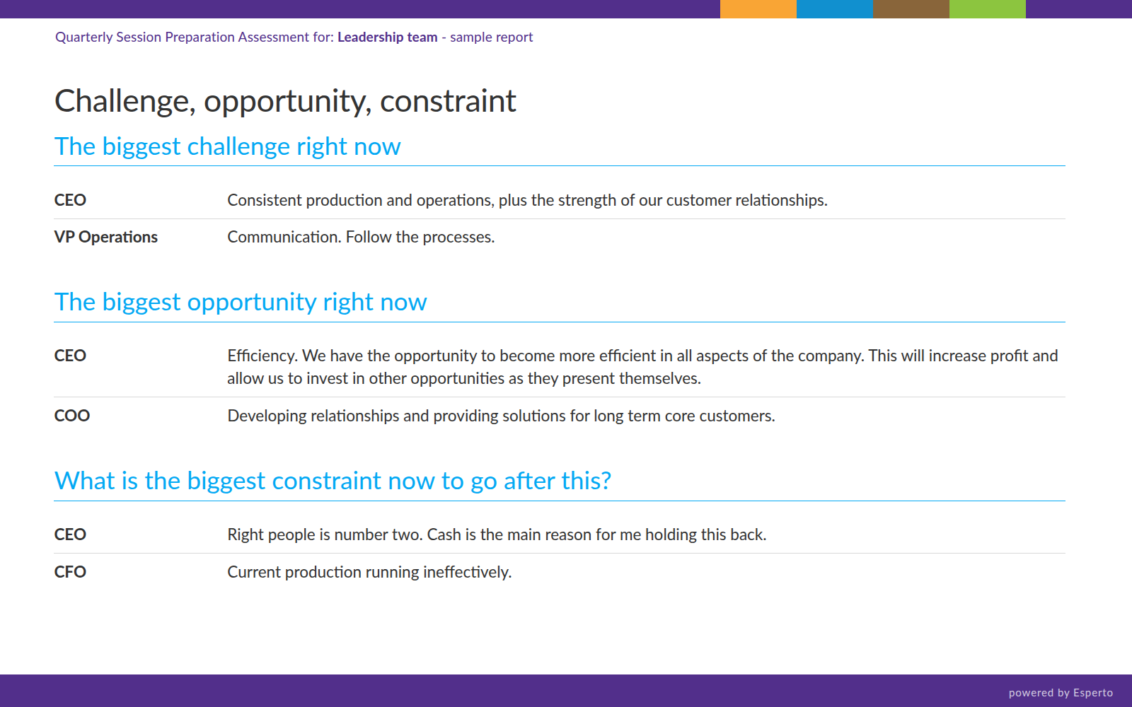 Report page: the biggest challenge, opportunity and constraint right now